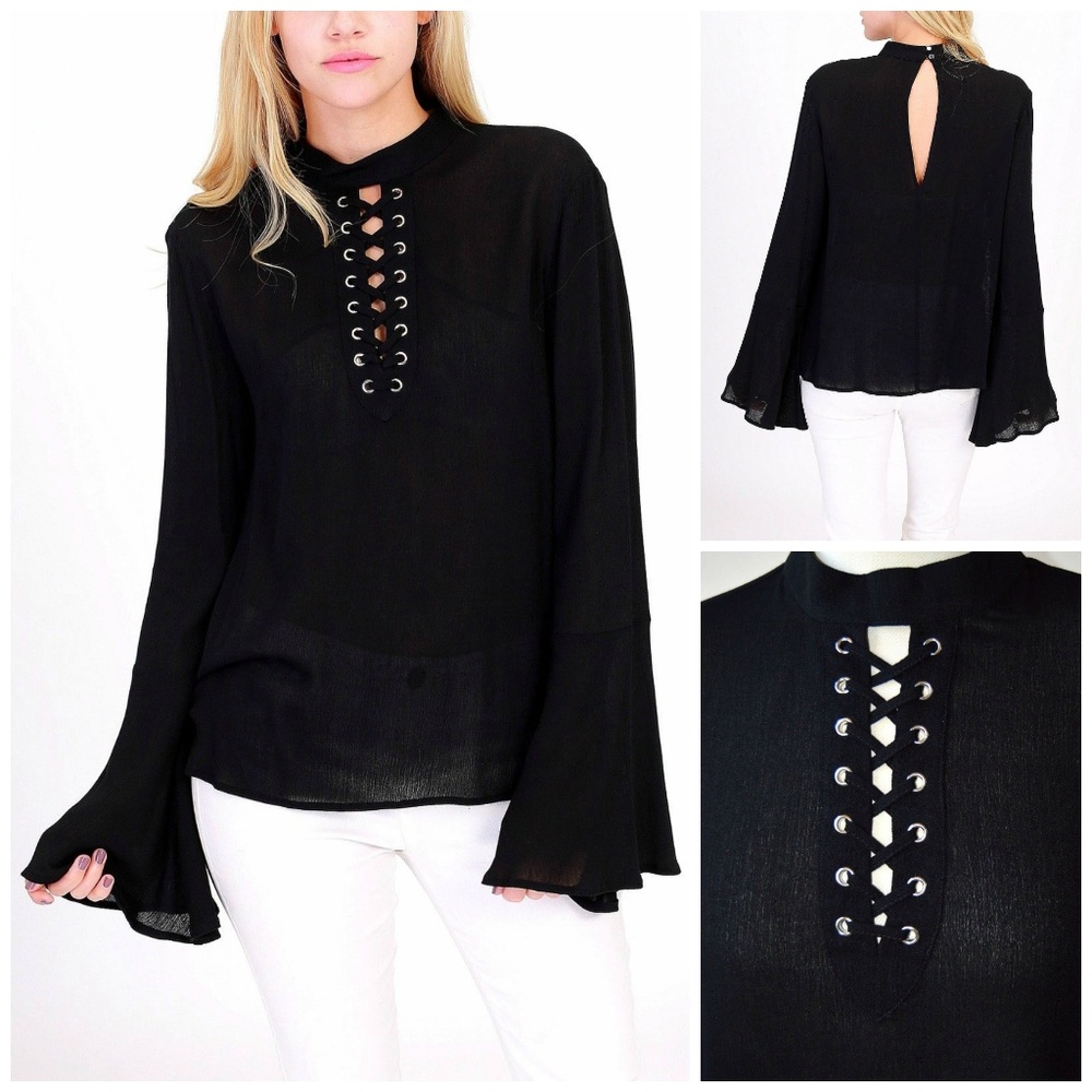 Lace Up Choker Neck Long Bell Sleeve Flowy Tunic - Picture 4 of 8